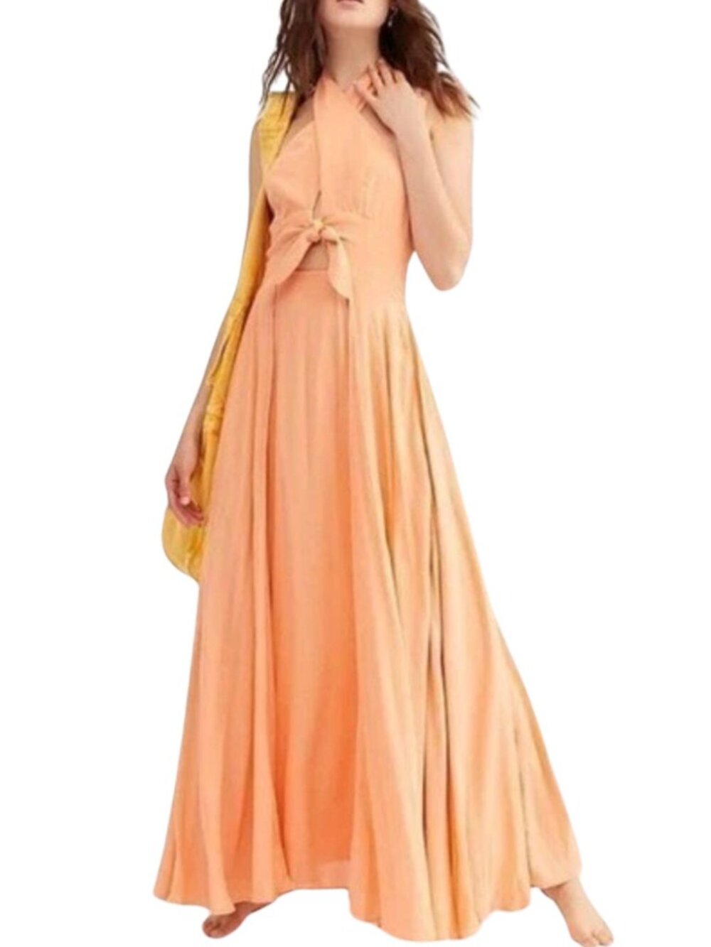 Free People My Long Time Love Maxi Halter Dress SZ L Peach Bohemian Resort Wear